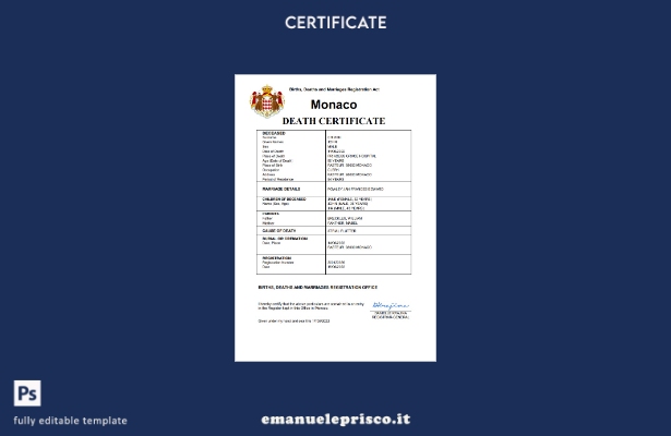 certificato di morte dello stato di stato di Monaco in stile verificato modello 